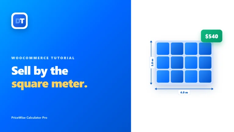 Sell by the square meter in WooCommerce: a floor measured 4 m by 3 m with a live $540 price