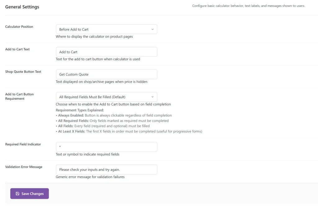 PriceWise Settings tab choosing where the calculator shows on the product page
