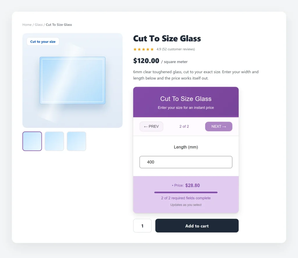 Cut to size glass product page with the PriceWise calculator showing a $28.80 price for a 600 by 400 mm cut