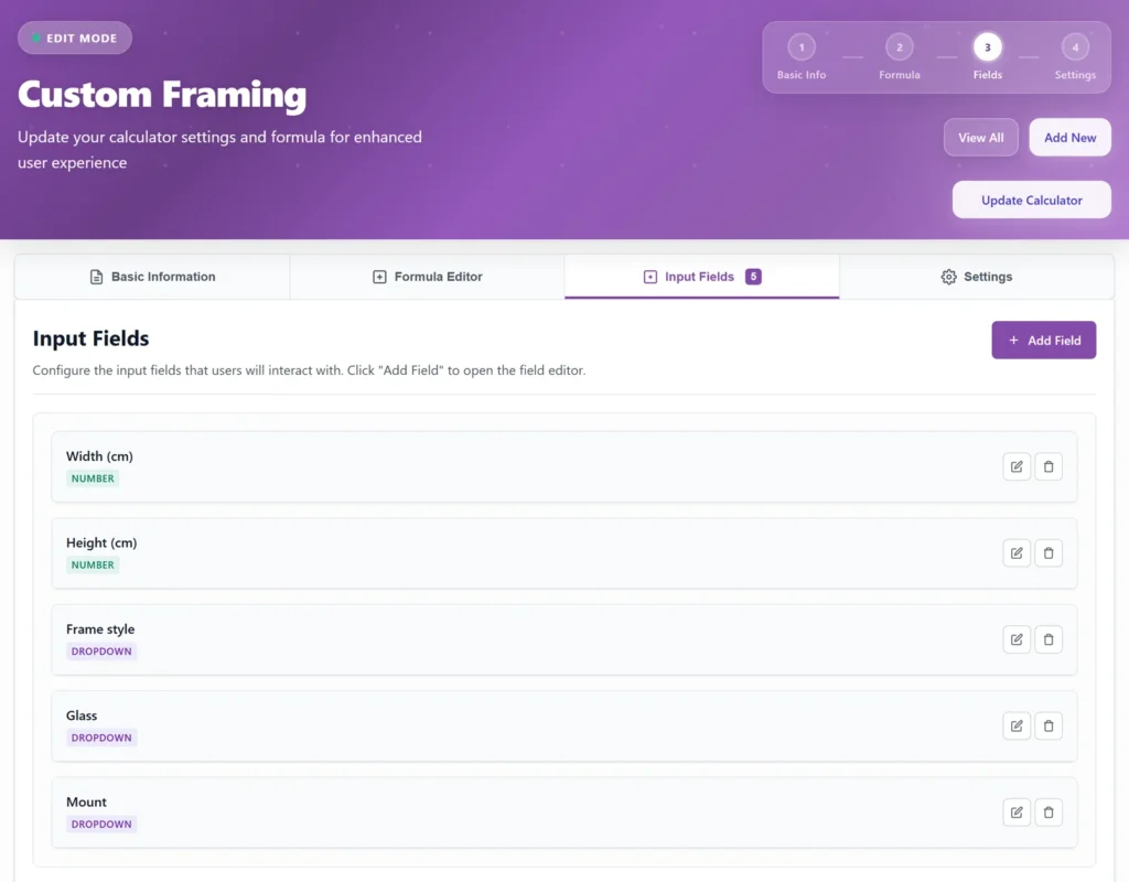 PriceWise Input Fields tab with Width and Height plus Frame, Glass and Mount dropdowns