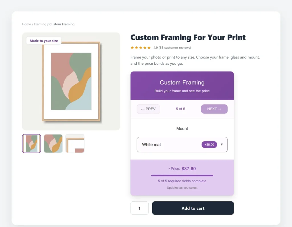 Custom framing product page with the PriceWise calculator showing a $37.60 total
