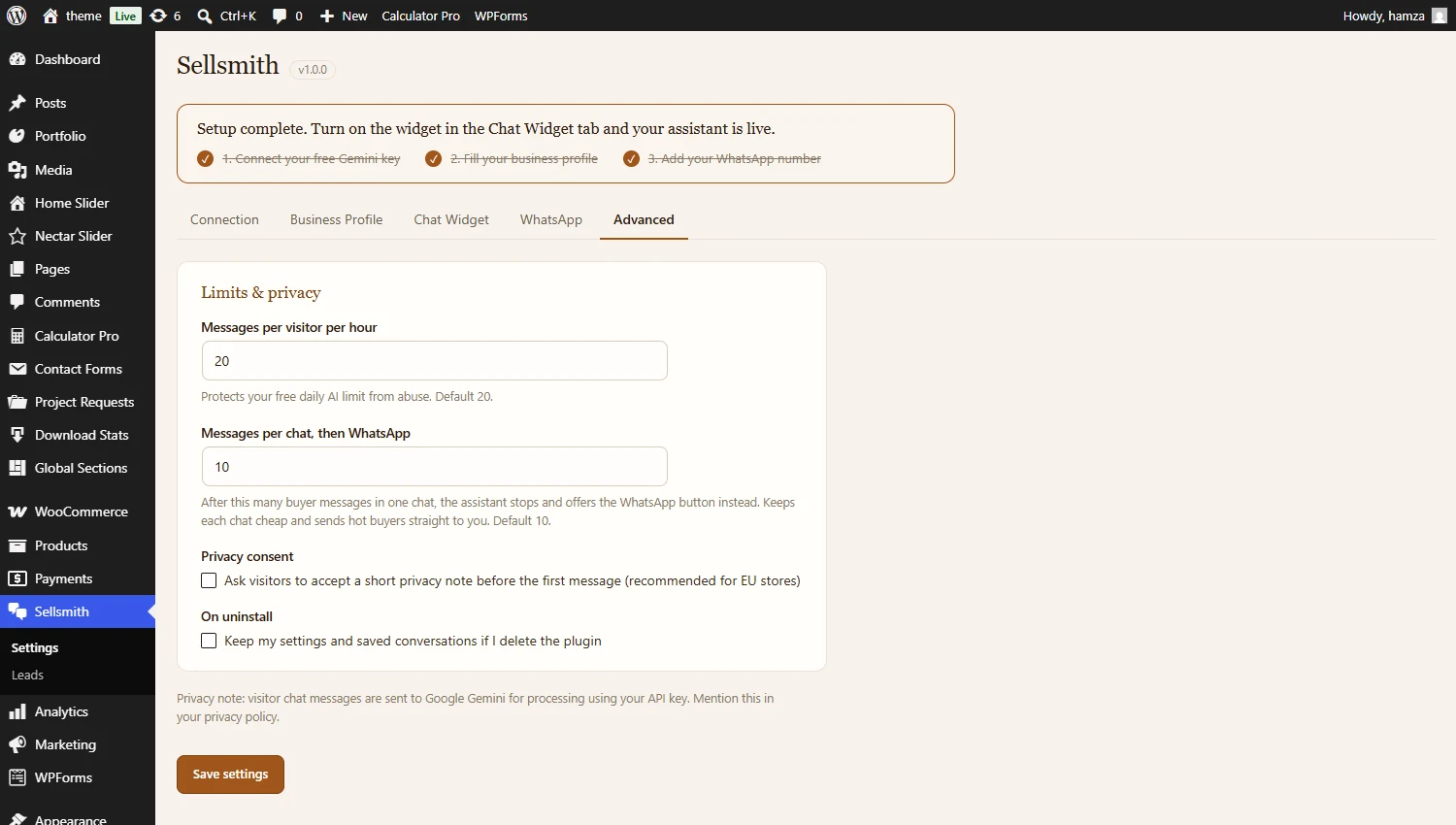 Sellsmith Advanced settings
