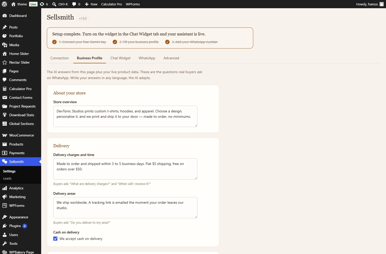 Sellsmith Business Profile tab