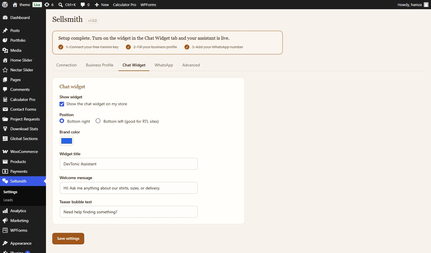 Sellsmith Chat Widget settings