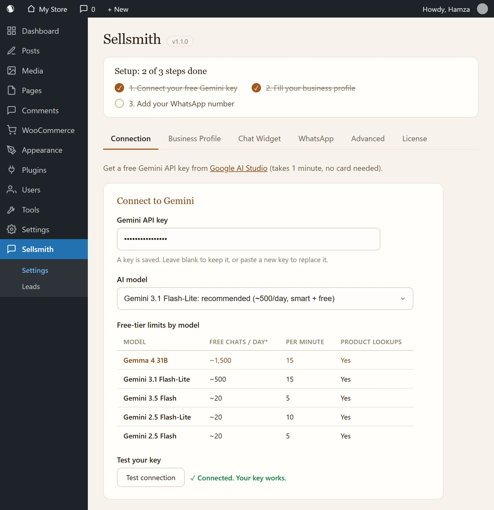 Sellsmith setup screen: paste your free Google key and pick a model
