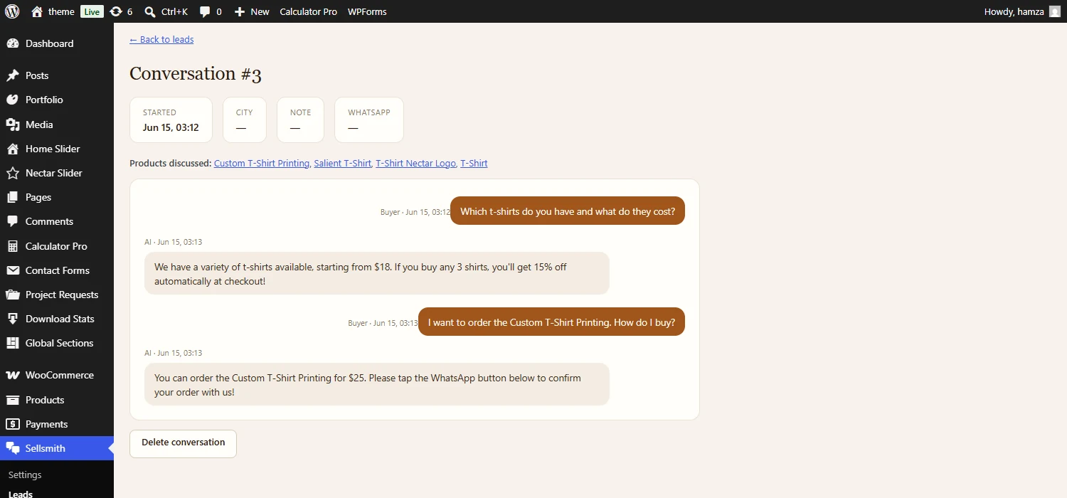 A saved Sellsmith conversation