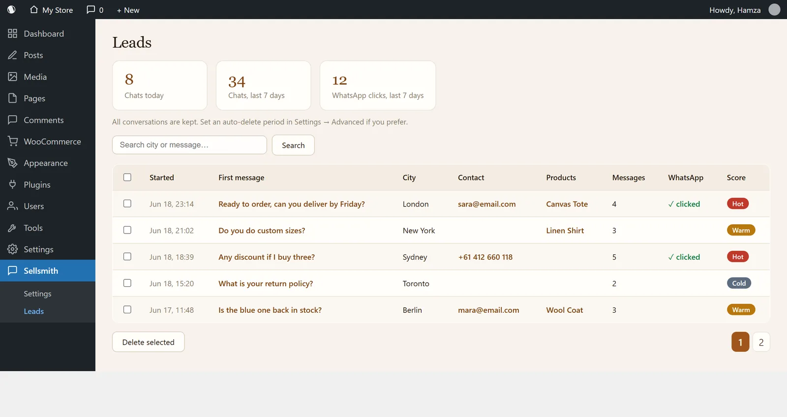 The real Sellsmith leads inbox in WordPress, every chat scored Hot, Warm or Cold