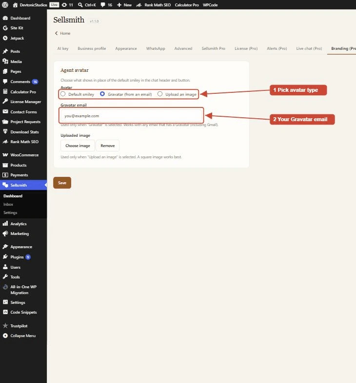 Sellsmith Pro Branding tab, agent avatar