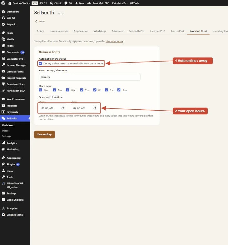 Sellsmith Pro business hours settings
