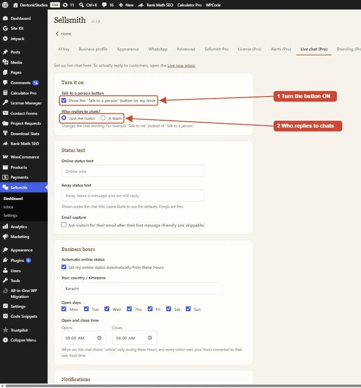 Sellsmith Pro Live chat settings tab