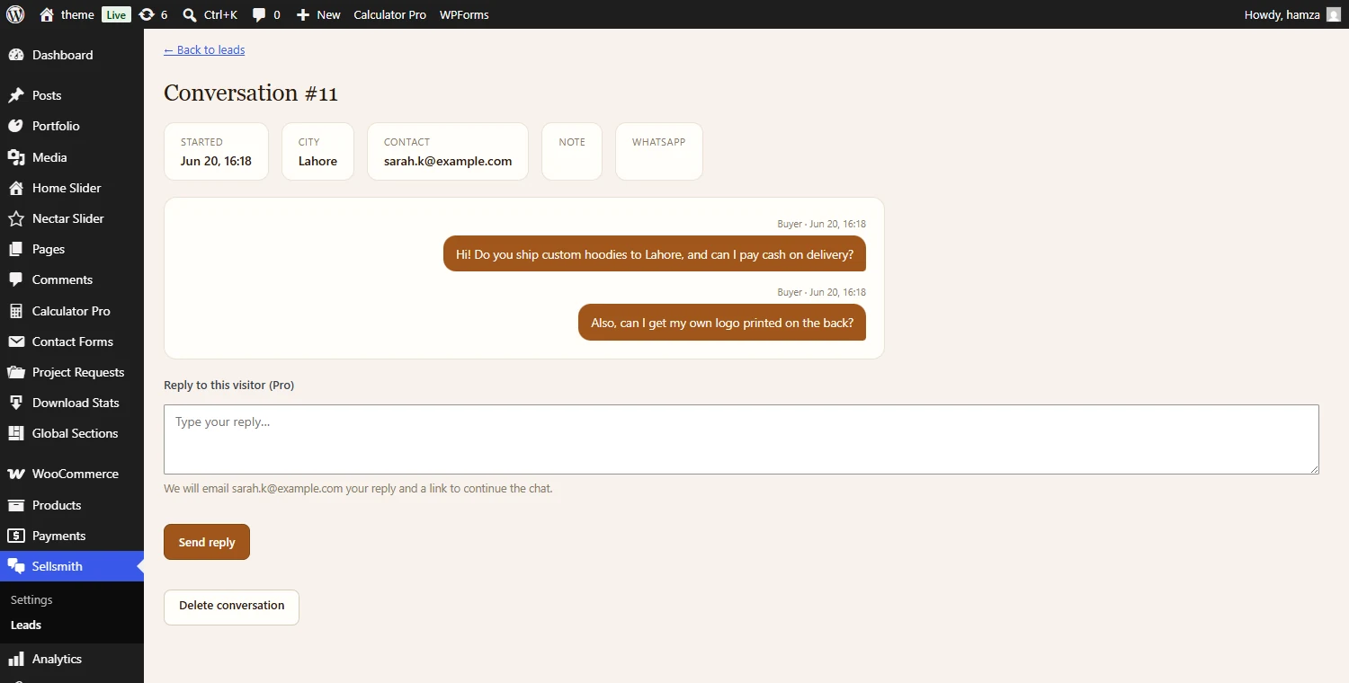 Sellsmith Pro reply box on a message-mode lead