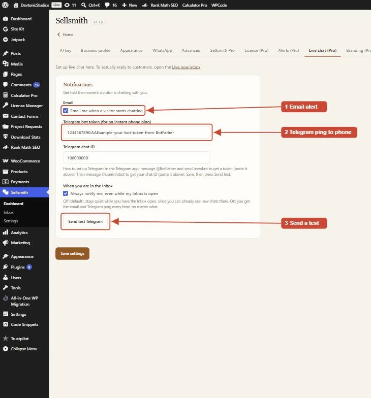 Sellsmith Pro Telegram and desktop notification settings