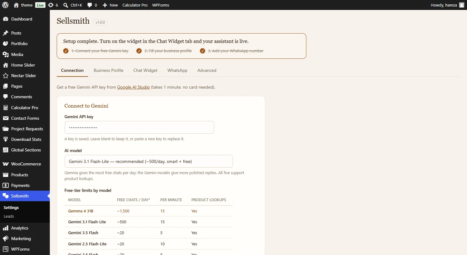 Sellsmith settings page with its five tabs