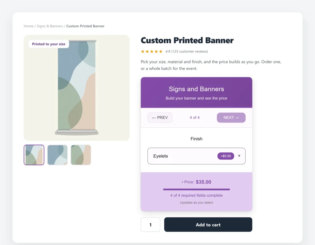 Custom banner product page with the PriceWise calculator showing a live price