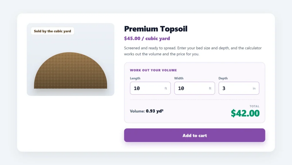 Topsoil product page with a volume calculator showing 0.93 cubic yards and a $42 total