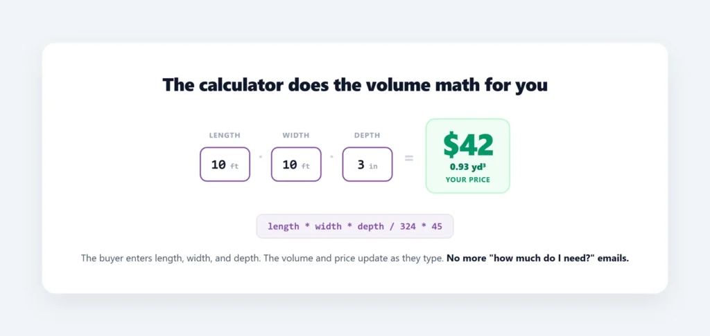 WooCommerce volume calculator: length, width and depth giving the cubic yards and the price