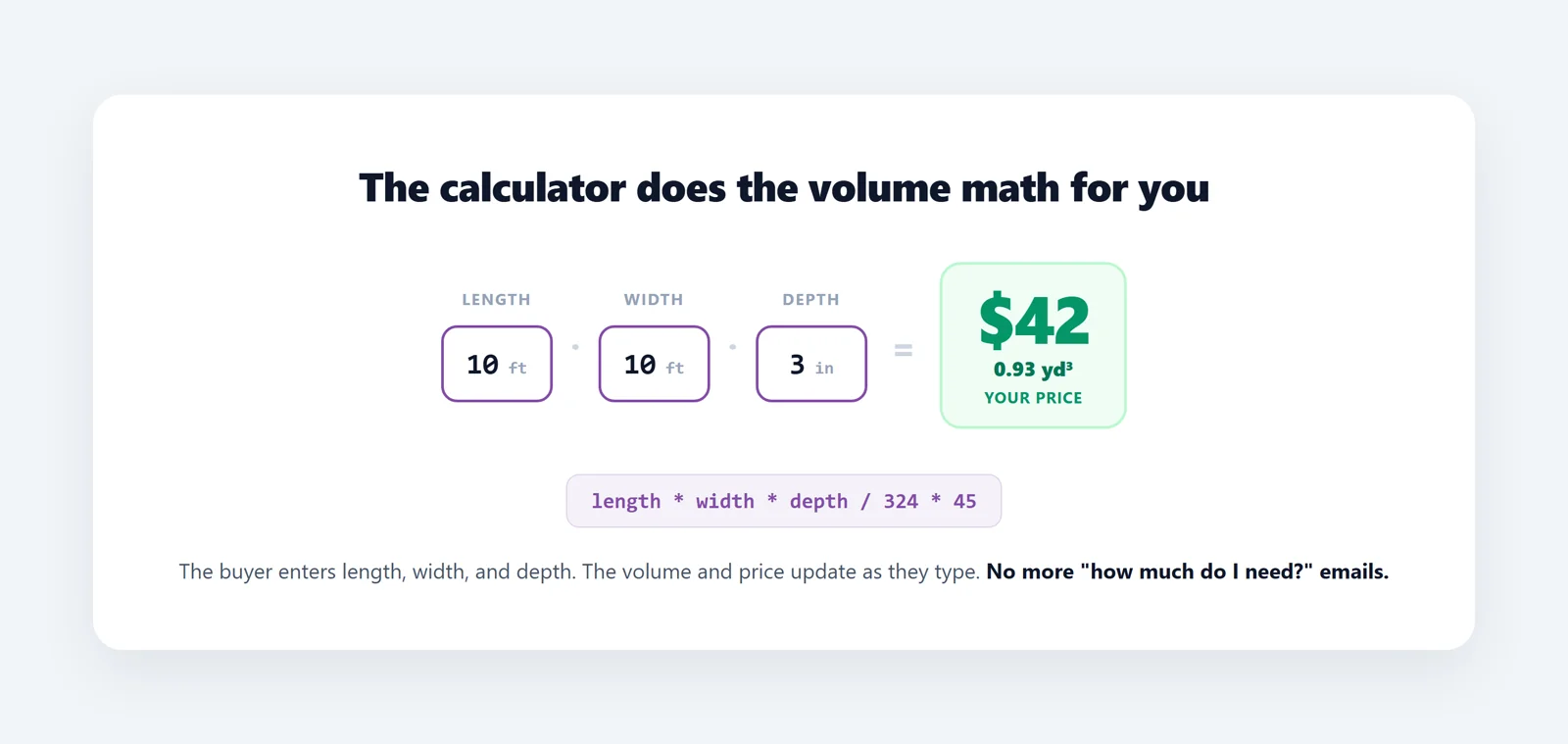 WooCommerce volume calculator: length, width and depth giving the cubic yards and the price