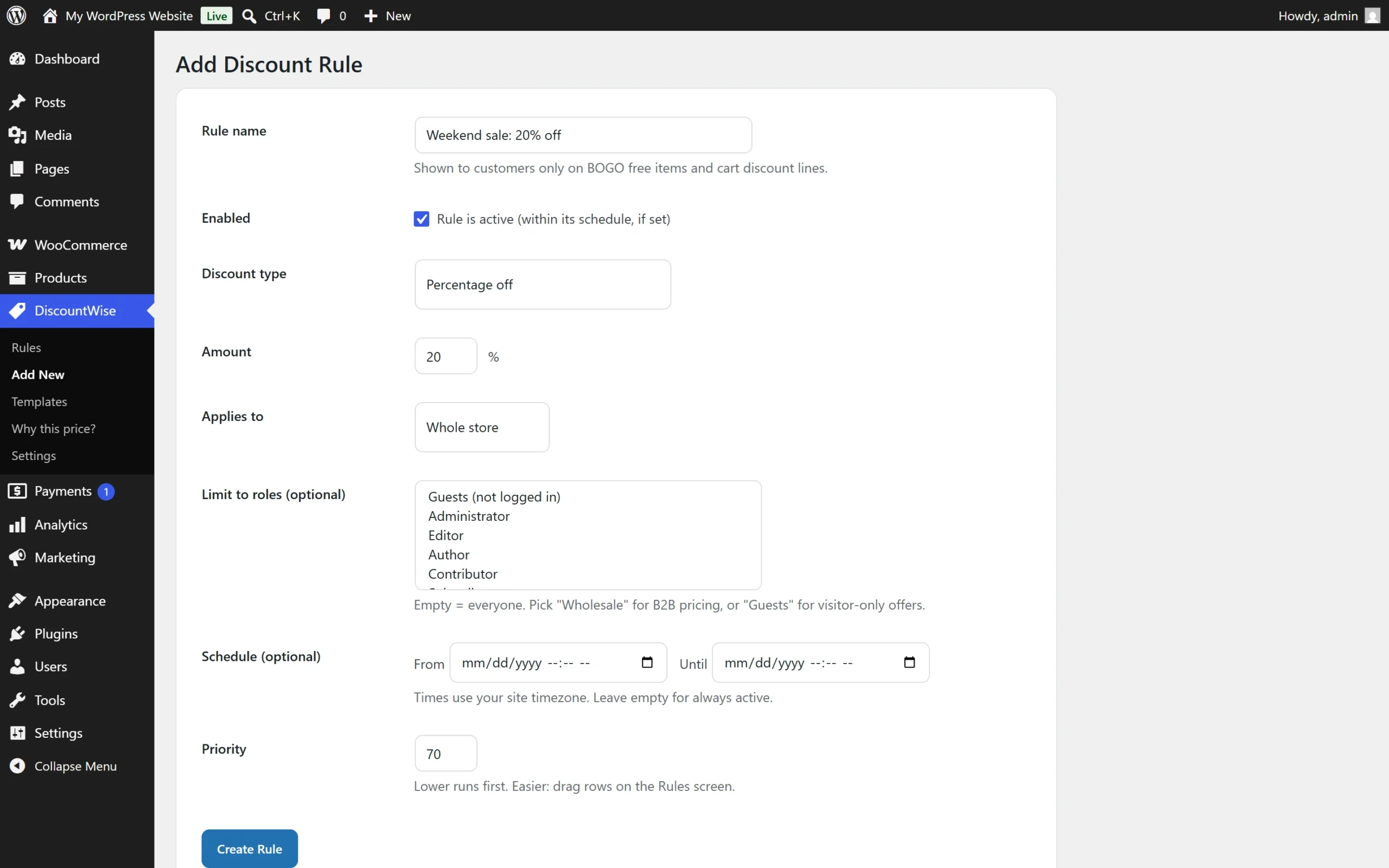 The add discount form: name the sale, pick the type, set the amount, choose where it applies