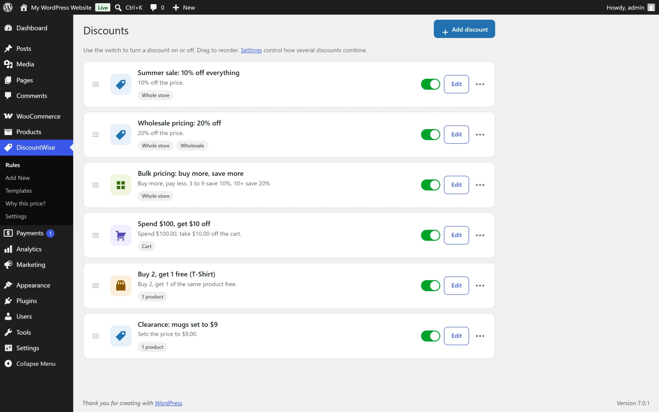 The real DiscountWise rules screen in WordPress: six discounts, each with an on and off switch