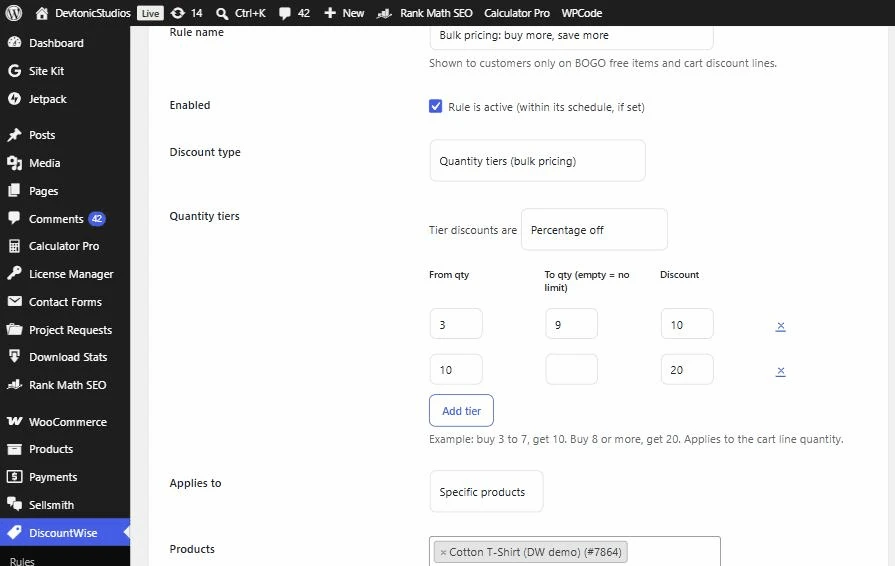 The DiscountWise rule editor set to Quantity tiers: buy 3 to 9 save 10 percent, buy 10 or more save 20 percent