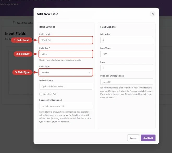 Adding a Number field called width in the PriceWise field editor