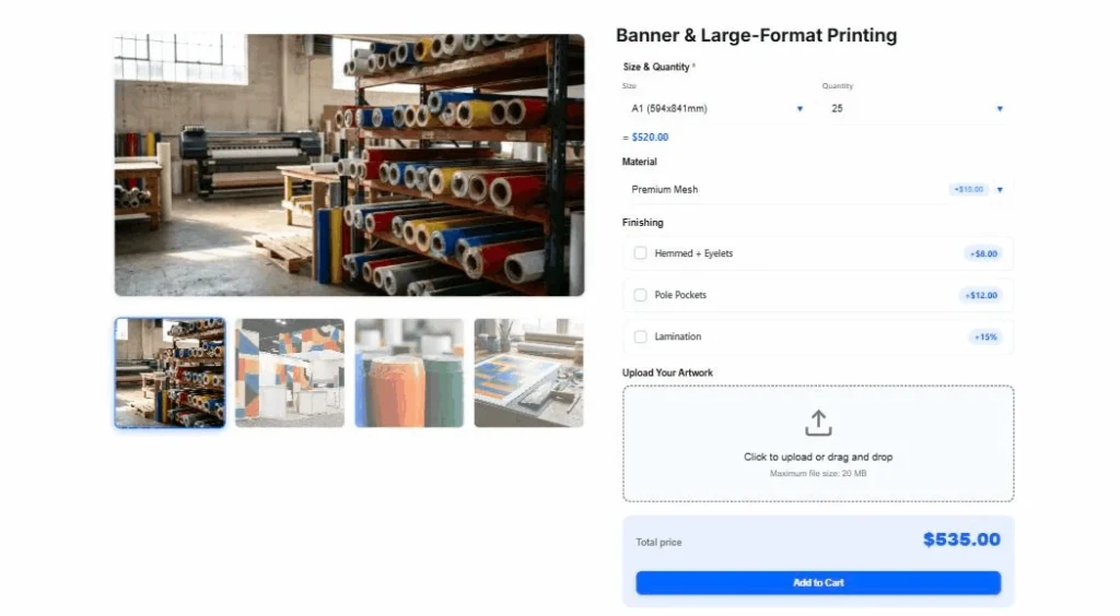 A WooCommerce large-format banner product priced live by size, quantity, material and finishing