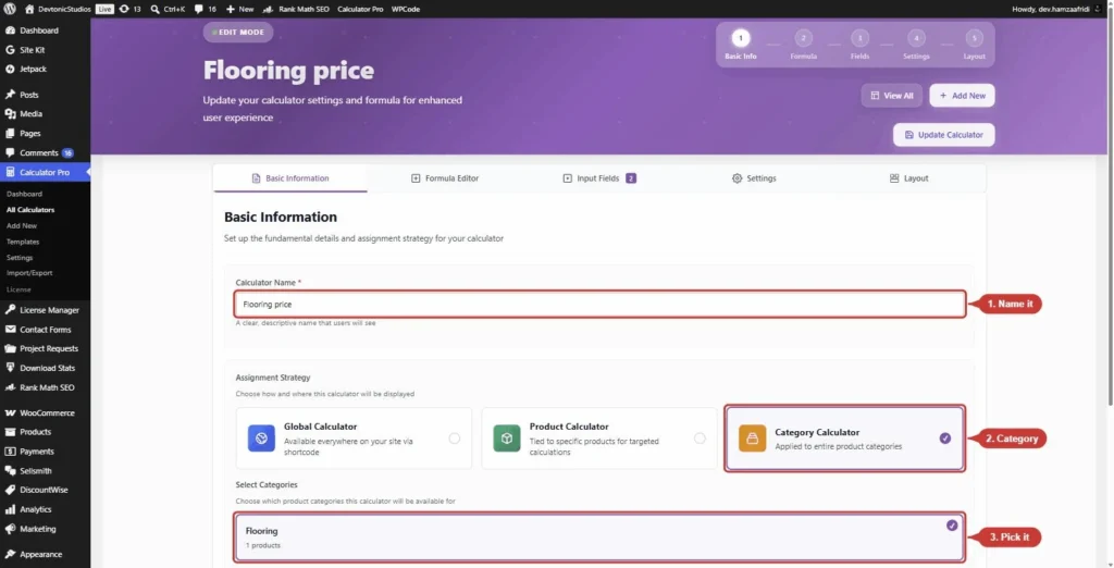 PriceWise Basic Information tab in the WordPress dashboard with the calculator name, Category assignment and the Flooring category selected