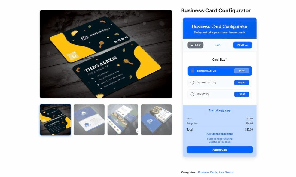 A WooCommerce business card product page with size and paper options, each updating one live price