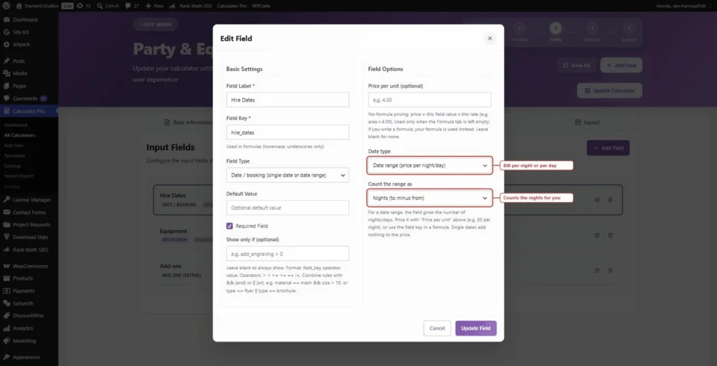 PriceWise date and booking field settings in the WordPress dashboard, set to a date range billed per night