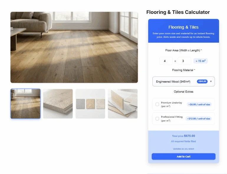 PriceWise Pro measurement field on a WooCommerce flooring product page showing the area and a live price