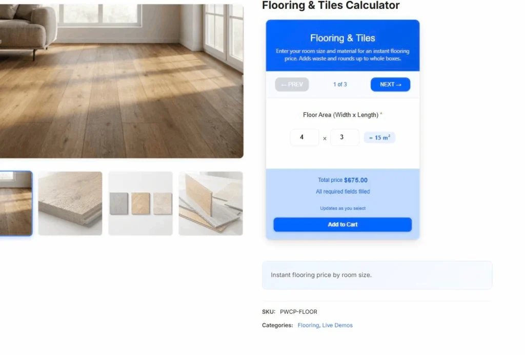 The flooring calculator in the Pro step-by-step layout, one question at a time with a progress bar and the same 675 dollar total