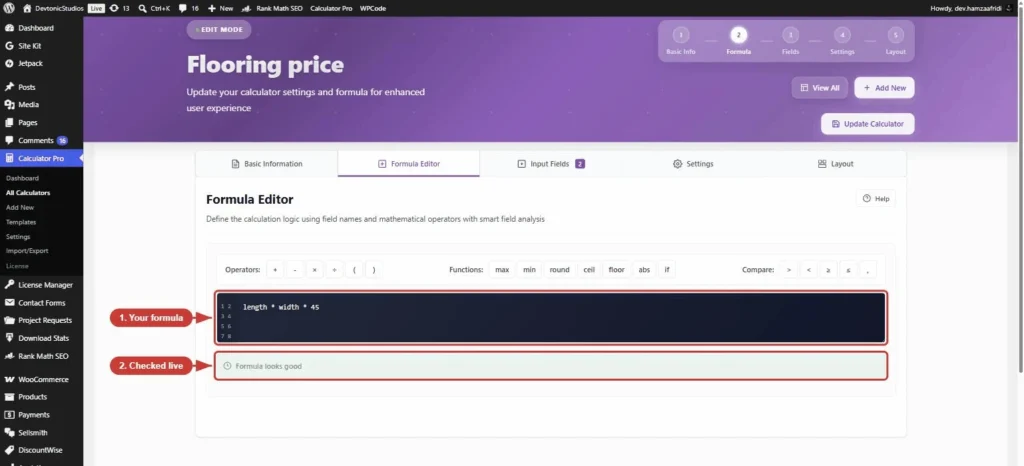 The PriceWise Formula Editor in the WordPress dashboard with a valid area formula