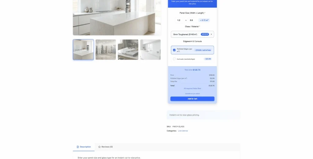 A WooCommerce cut-to-size glass product with material and edge-finishing options on one live total