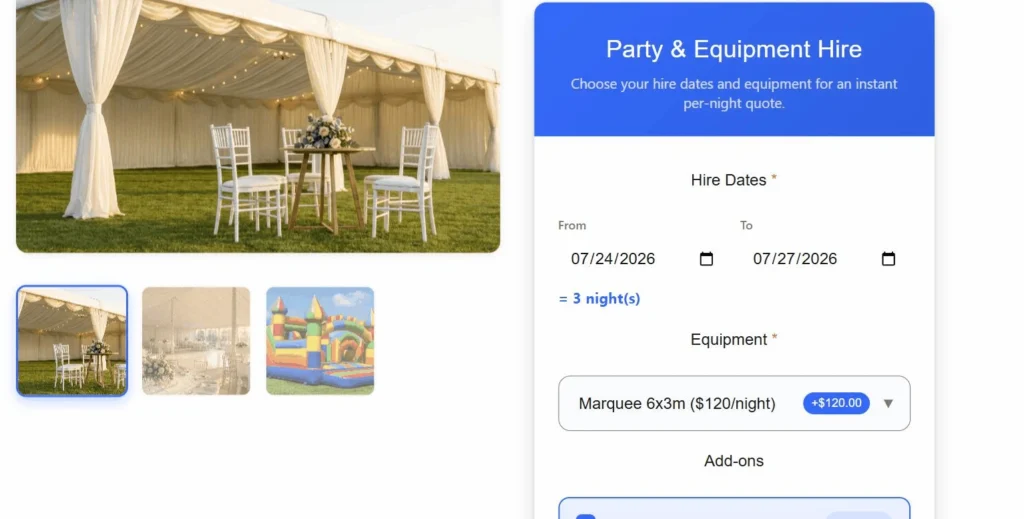 Party hire product page with hire dates picked, three nights counted and the marquee selected at 120 dollars a night
