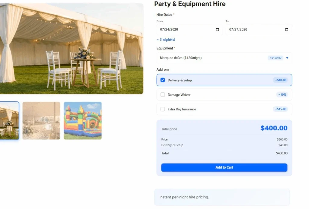 The party hire calculator in the inline layout, fields sitting directly on the product page with no box, same 400 dollar total
