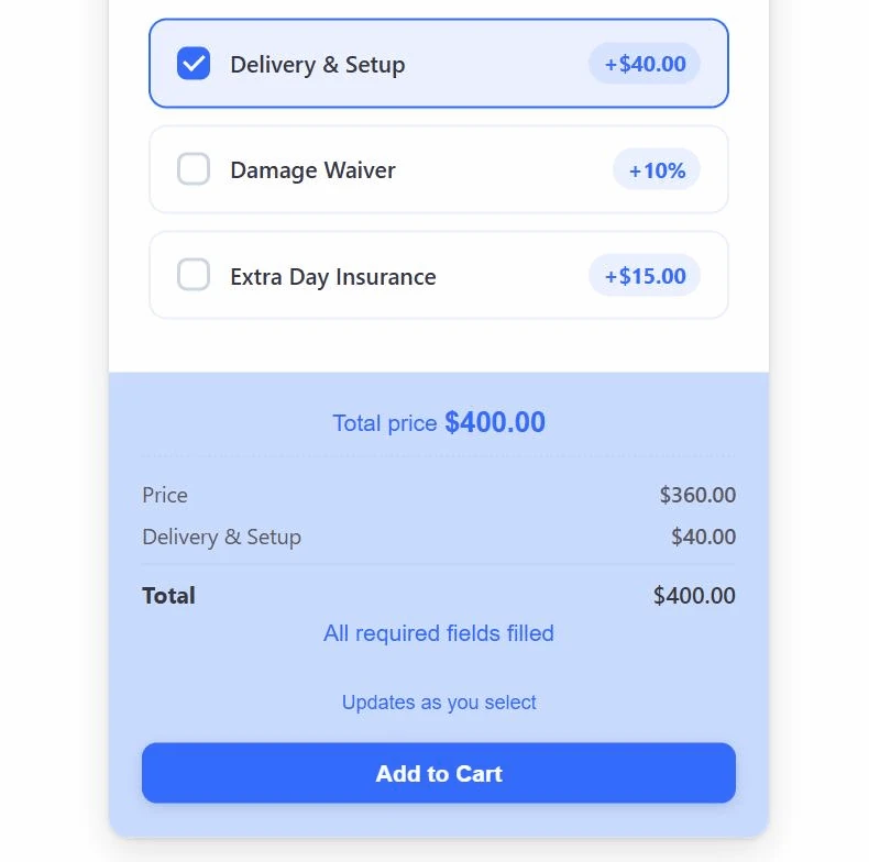 Live rental total of 400 dollars with the per-night price and delivery broken down above the add to cart button