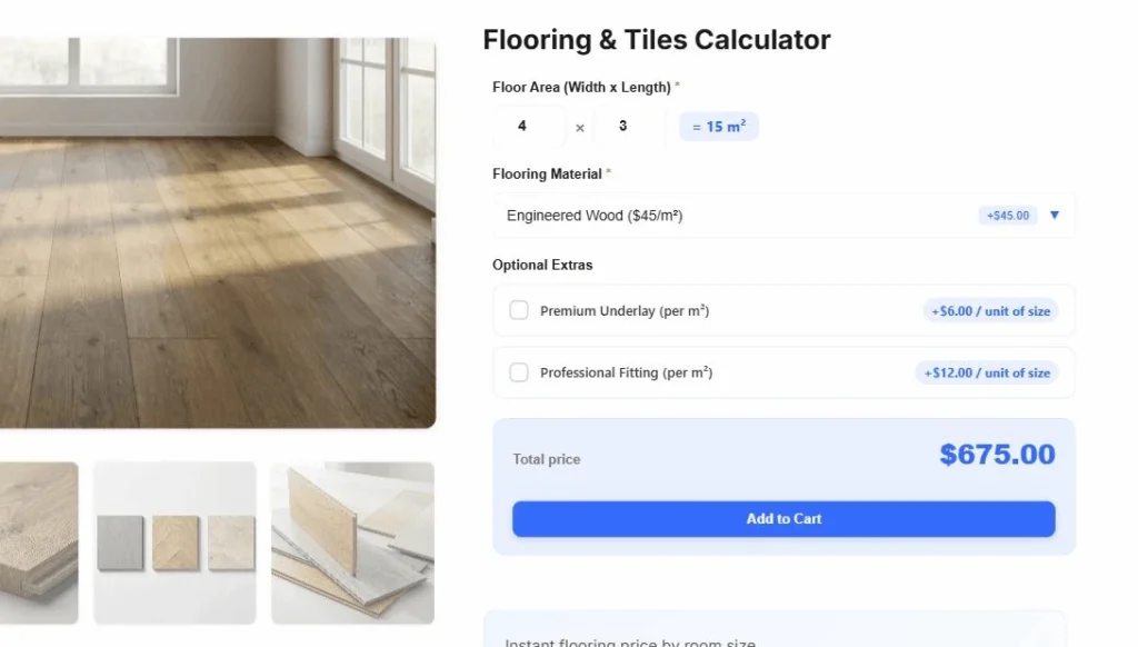 The flooring calculator in the inline layout, fields sitting directly on the product page with no box