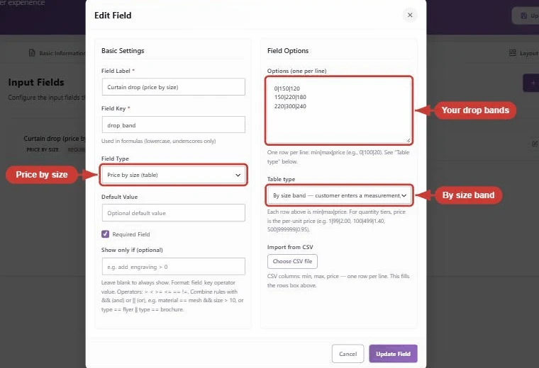 The PriceWise Price by size field with pricing bands in the dashboard