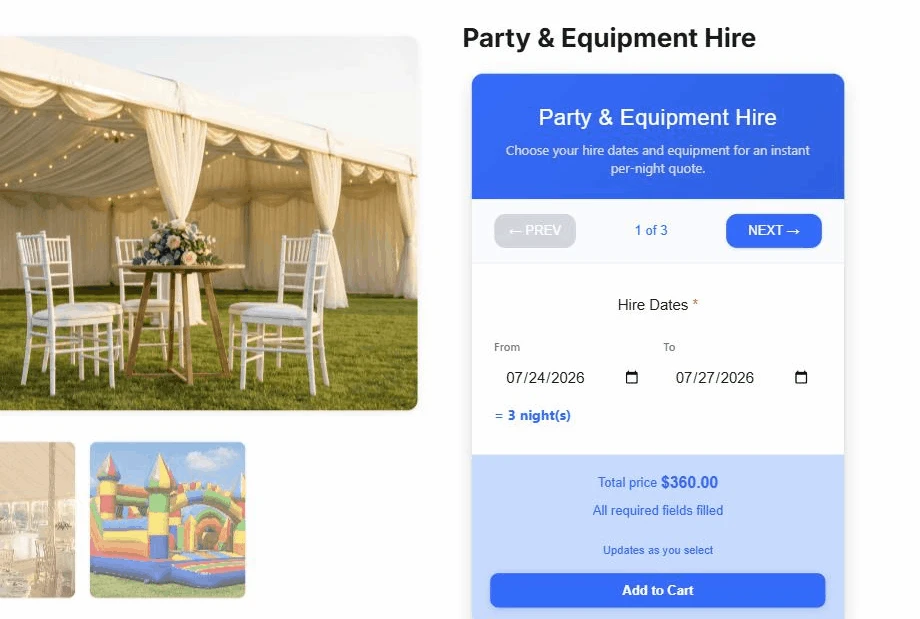 The party hire calculator in the step-by-step layout, showing one question at a time with a progress bar