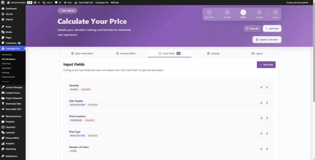 PriceWise Input Fields tab in the WordPress dashboard listing the t-shirt personalization fields: quantity, shirt quality, print locations, print type, number of colors