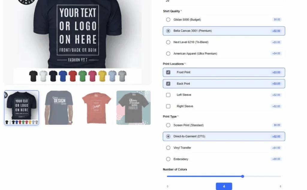 The t-shirt personalizer in the inline layout, options sitting directly on the product page with their prices and a colours slider