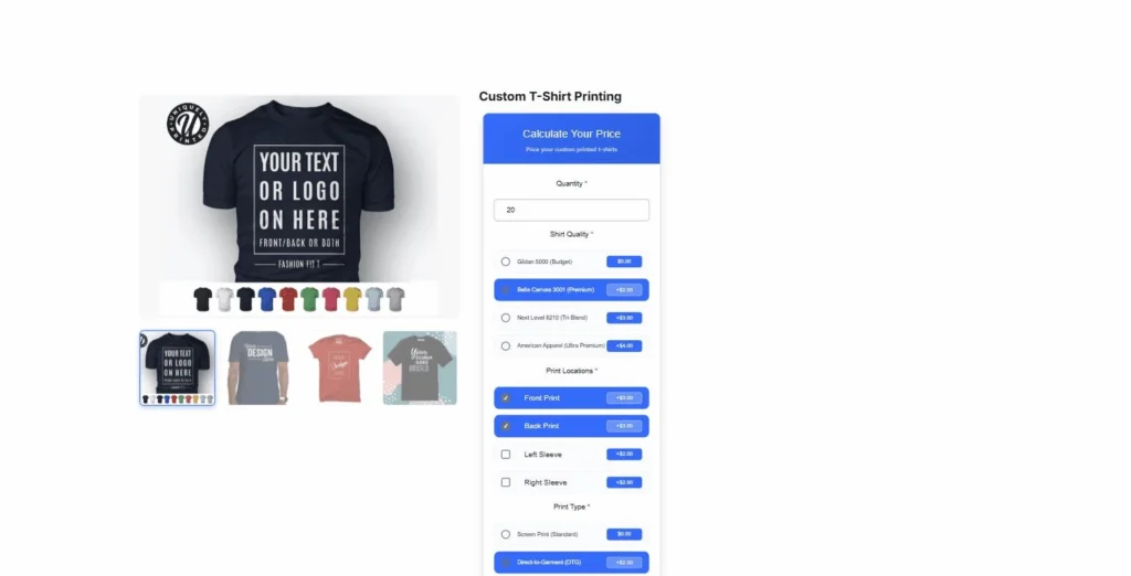 A WooCommerce t-shirt product page where each personalization option, shirt quality and print locations and print type, shows its own added price