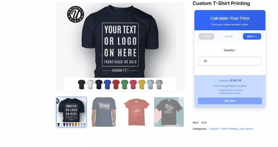 The t-shirt personalizer in the step-by-step layout, showing step 1 of 10 with the quantity question and a running total of 360 dollars