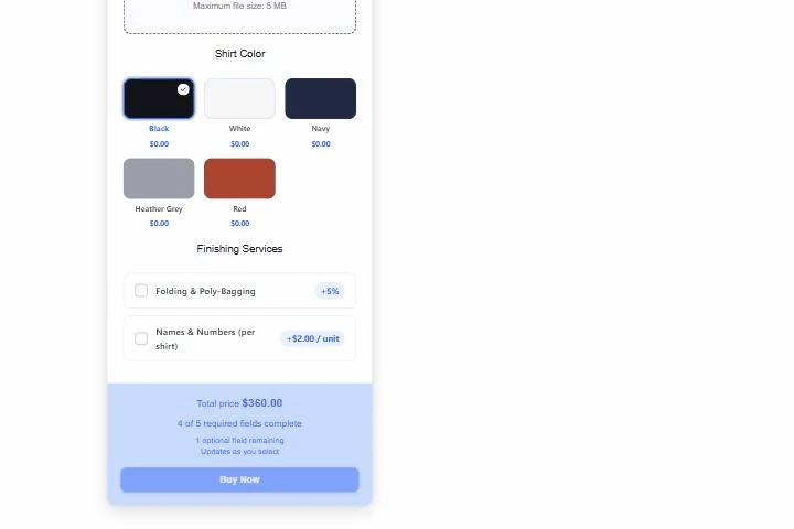 Colour swatches and finishing add-ons on the t-shirt product page with a live total of 360 dollars above the buy button