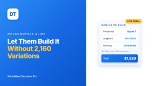 Let customers build their own product in WooCommerce, a Gaming PC build card showing Ryzen 7, RTX 5070 and 32GB DDR5 with a live total of 1520 dollars