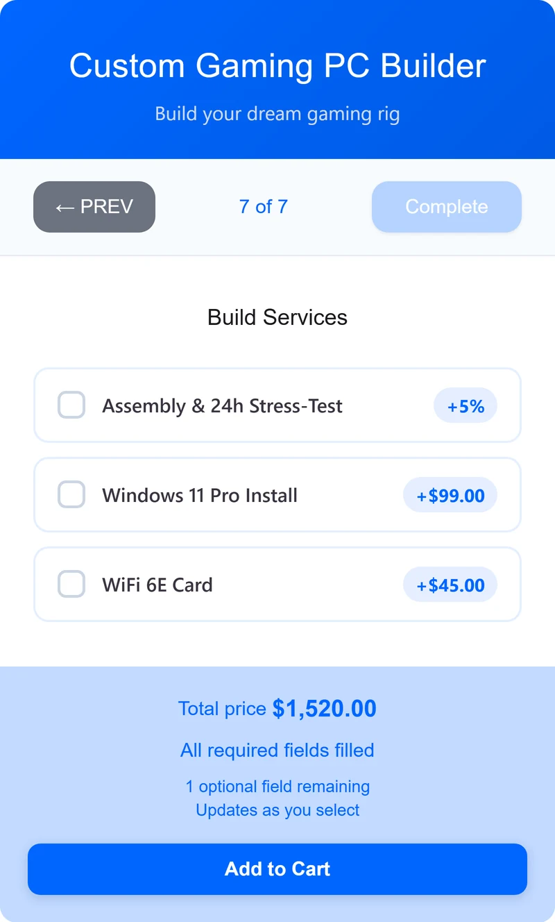Build services step showing assembly at plus 5 percent, Windows 11 Pro at $99 and a WiFi 6E card at $45