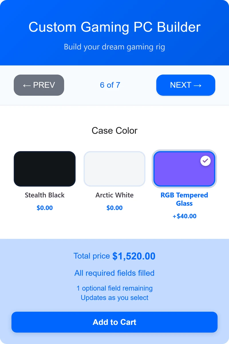 Case colour step showing black, white and purple swatches priced $0, $0 and $40