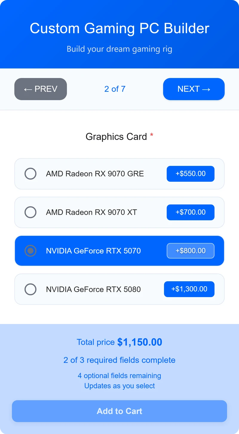 Graphics card step showing four cards priced $550, $700, $800 and $1,300, with the RTX 5070 selected and a total of $1,150