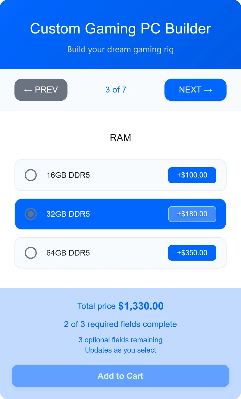 Memory step of the Gaming PC builder showing 16GB, 32GB and 64GB DDR5 with prices of $100, $180 and $350
