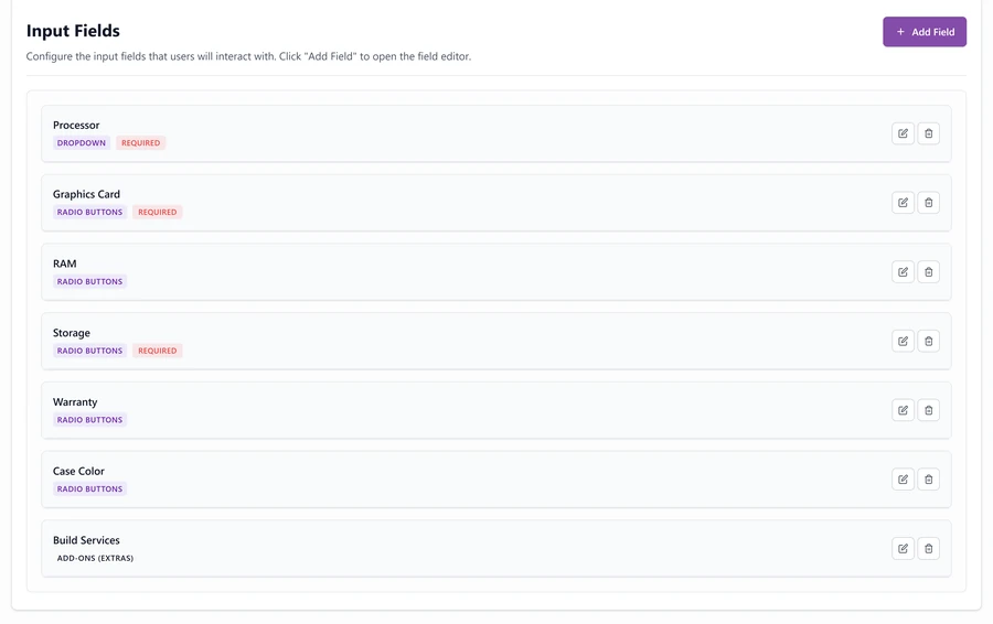 PriceWise admin Input Fields tab listing Processor as dropdown, Graphics Card, RAM, Storage, Warranty and Case Color as radio buttons, and Build Services as add-ons